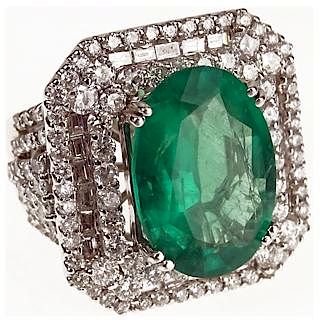 Lady's Approx. 7.65 Carat Oval Cut Emerald, 3.10 Carat Diamond and 18 Karat White Gold Ring