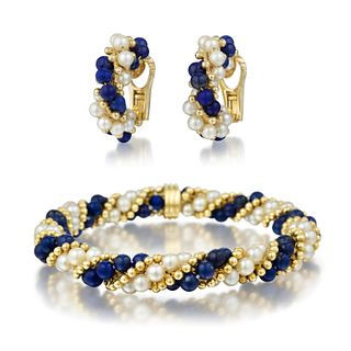 Cartier Cultured Pearl and Lapis Lazuli Earclips and Bracelet Set