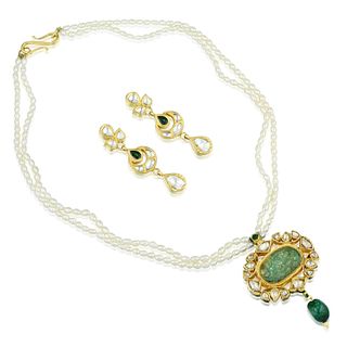 Emerald Diamond and Enamel Necklace and Earrings Set