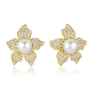 Cultured Pearl and Diamond Flower Earrings