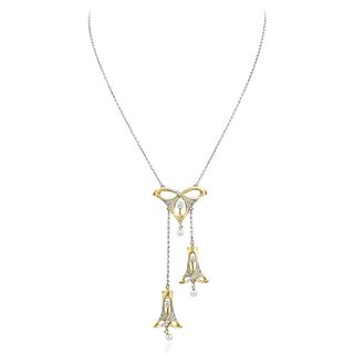 Art Nouveau Diamond and Pearl Drop Necklace