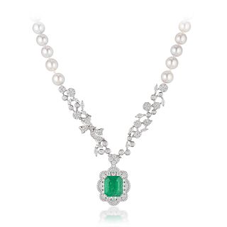 6.95-Carat Colombian Emerald Cultured Pearl and Diamond Necklace