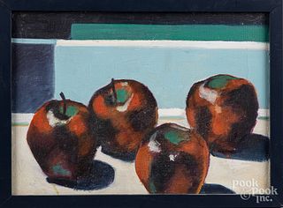 Oil on board still life with apples, etc.