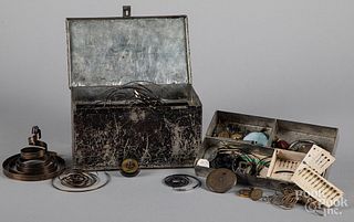 Tin watchmakers box, with tools and parts