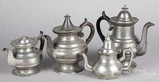 Three American pewter teapots and coffee pots