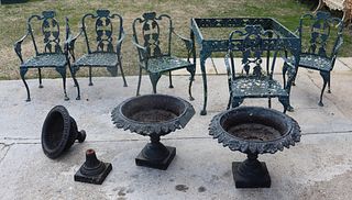 Antique Heavy Iron Table, Chairs and 3 Urns .