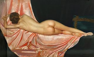 Gustave Brisgand, Nude reclining on pink fabric
