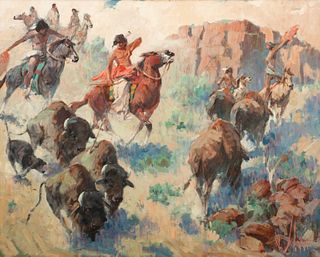 Vladan Stiha 
(Yugoslavian/American, 1908-1992)
Buffalo Hunting