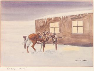 Leonard Howard Reedy
(American, 1899-1956)
Group of Four Watercolors, Riders in a Blizzard, Cowpony in Winter, Picking up the Orphan Calf and Wyoming 