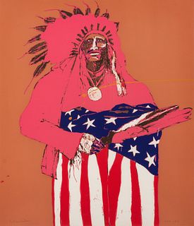 Fritz Scholder
(Luiseno, 1937-2005)
Last Indian with American Flag, edition 145/150, 1975