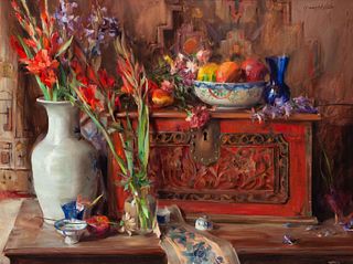Quang Ho
(Vietnamese/American, b. 1962)
Arrangement in Reds- with Balise Chest, Porcelain Vessels and Glads