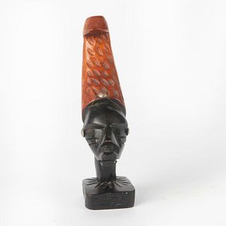 AFRICAN HAND CARVED WOODEN BUST WITH HEADDRESS