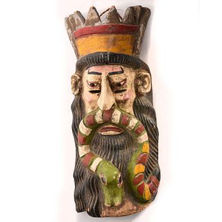 ASIAN CARVED PAINTED WOODEN MASK, EMPEROR WITH SNAKE