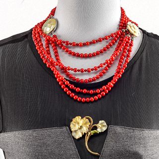 RED CORAL BEAD NECKLACES AND FLORAL BROACH