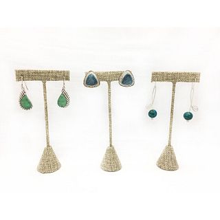 3 PAIRS SILVER EARRINGS WITH TEAL AND GREEN STONES