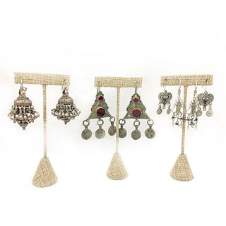 4 PAIRS OF SILVER TONE INDIAN DESIGN EARRINGS