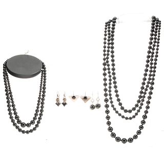 5 BLACK ONYX BEADED NECKLACES WITH 3 EARRINGS