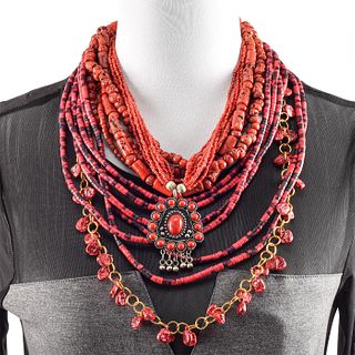 4 RED CORAL TRIBAL LUSTER NECKLACES