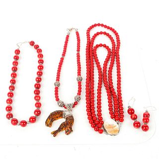TRIBAL CORAL BEADED JEWELRY WITH LEOPARD PENDANT