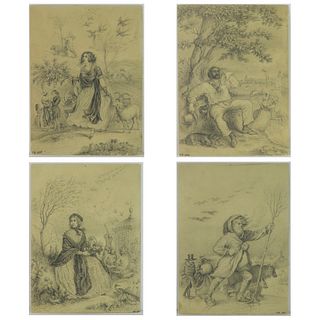 Grp: 4 19th c. Drawings Four Seasons