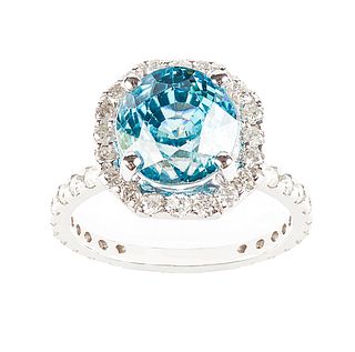 14K White Gold Diamond and Blue Zircon Ring