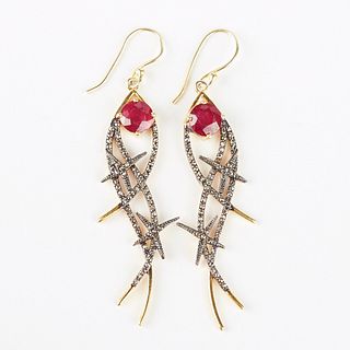 Natural Diamond and Ruby Antiqued Silver Earrings w/ Yellow Gold Overlay