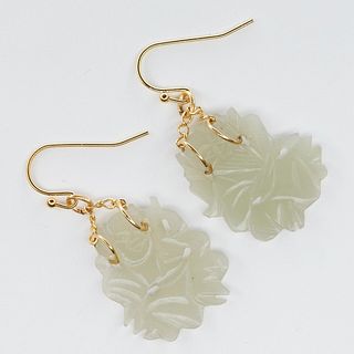 Pair of Chinese Jade and Gold Earrings