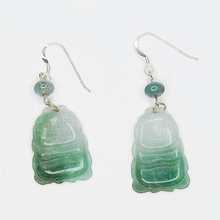 Pair of Chinese Jade and Sterling Silver Earrings