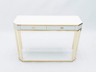 J.C. Mahey White Lacquer and Brass Console, 1970s