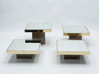 Set of 4 Willy Rizzo Brass Mirrored Coffee Tables, 1970s