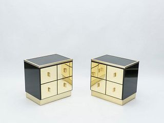 Pair of Italian Luciano Frigerio Black Lacquered Brass Nightstands Tables, 1970s
