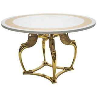 Rare Hollywood Regency Robert Thibier Brass Marble Dining Table, 1970s