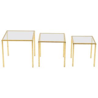 Midcentury Roger Thibier Gilt Wrought Iron Gold Leaf Nesting Tables, 1960s