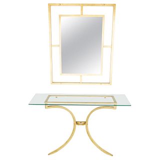 Rare Roger Thibier Gilt Wrought Iron Gold Leaf Console Table with Mirror, 1960s