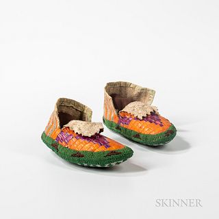 Pair of Plains Beaded and Quilled Hide Moccasins