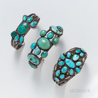 Three Navajo Silver and Turquoise Bracelets