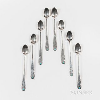 Eight Southwest Silver and Turquoise Spoons