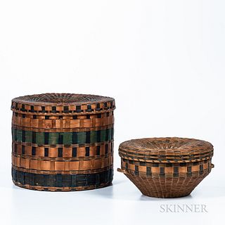 Two Northeast Polychrome Stamp-decorated Wood Splint Baskets
