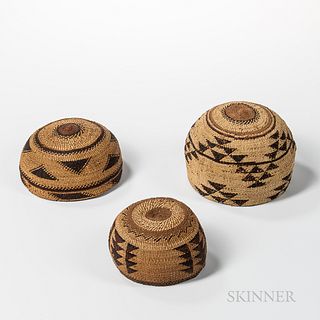 Northwest California Polychrome Basketry Hat and Two Bowls