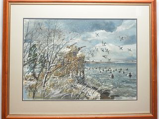 Watercolor on paper of duck hunters in a blind, decoys, and ducks in a snow storm, Chet Reneson.