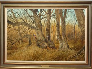 Richard W. Plasschaert (b. 1941), "Woodland Seclusion - Wild turkeys," oil on board.