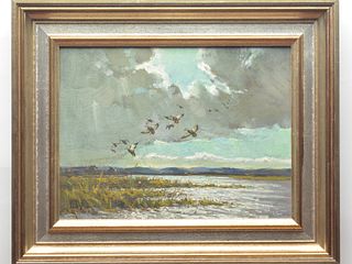 Flying black ducks, oil on board, Lynn Bogue Hunt (1878-1960).