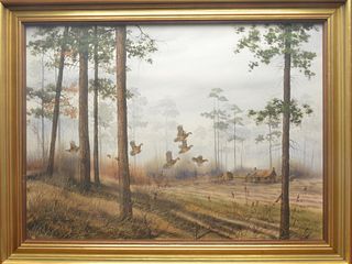Exceptional watercolor of quail flying through forest near early cabin, David Hagerbaumer.