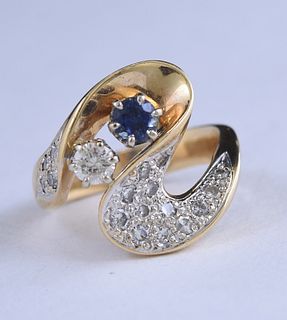 14K yellow gold ring set with diamonds & a sapphire