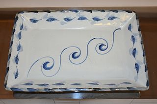 Large rectangular blue and white Simon Pearce platter