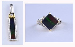 Ammolite opal and diamond ring with a similar pendant