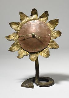 Arts & Crafts bronze and copper sunflower shelf clock