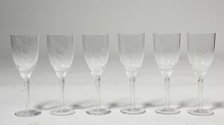 Six Lalique "Ange" etched crystal wines