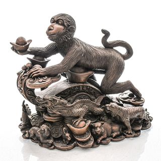 CHINESE BRONZE SCULPTURE, ZODIAC ANIMALS ON COIN PILE