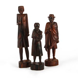 AFRICAN CARVED WOODEN FIGURES, TWO MEN, WOMAN WITH CHILD